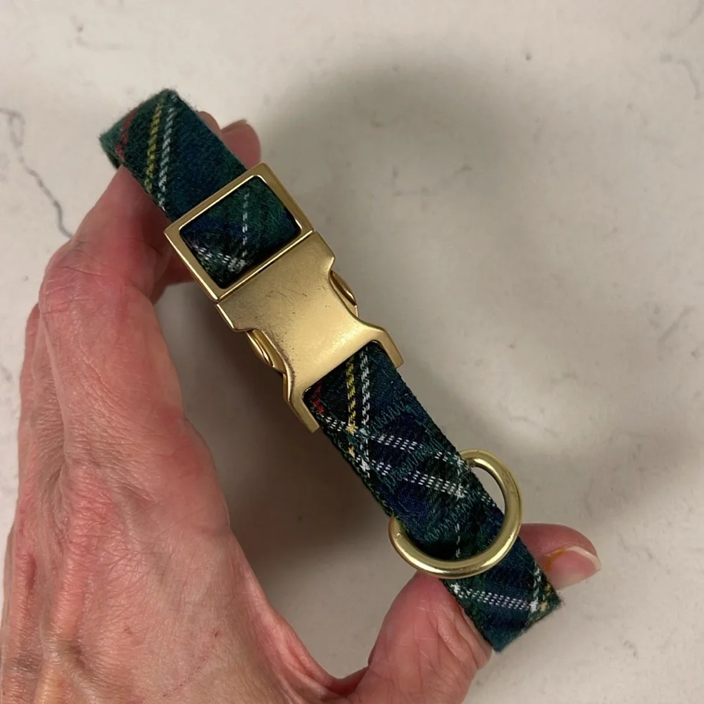 Holly Jolly Green Plaid Flannel Dog Collar Gold-tone Hardware Small-Medium X-MAS